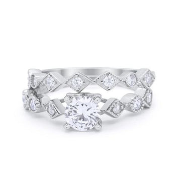 Two Piece Bridal Set Engagement Ring Simulated CZ 925 Sterling Silver